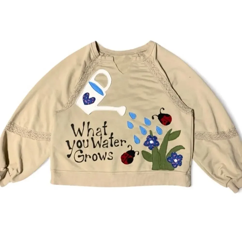 Custom Upcycled “What You Water Grows” Patchwork Sweater Ladybug Flower M
